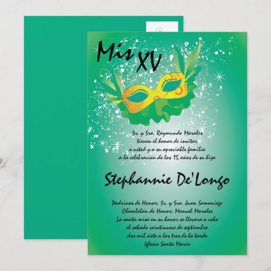 5x7 Masquerade Quinceanera Birthday Uitnodiging (Voorkant / Achterkant)