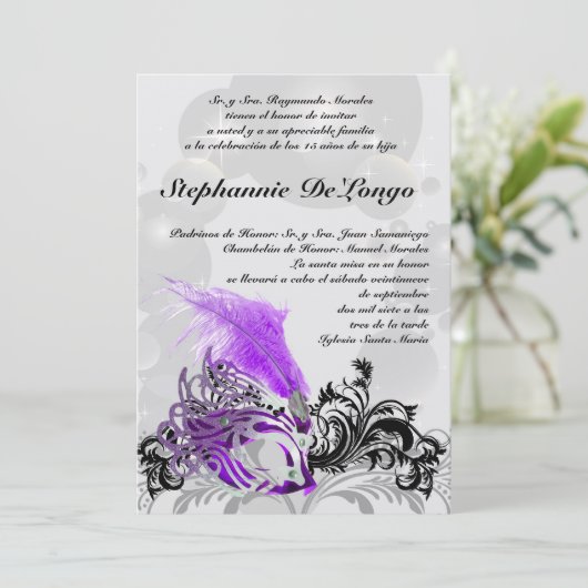 5x7 Masquerade Quinceanera Birthday Uitnodiging (Staand voorkant)