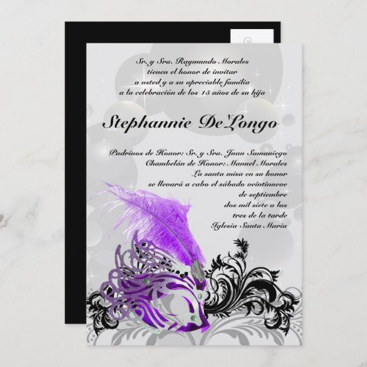5x7 Masquerade Quinceanera Birthday Uitnodiging (Voorkant / Achterkant)