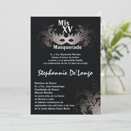 5x7 Masquerade Quinceanera Birthday Uitnodiging (Staand voorkant)