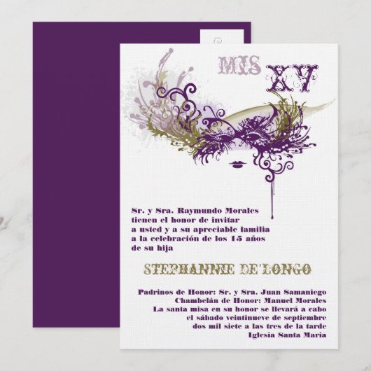 5x7 Masquerade Quinceanera Birthday Uitnodiging (Voorkant / Achterkant)