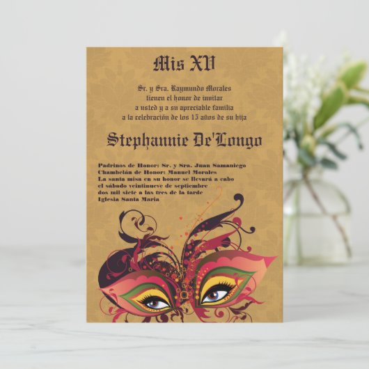 5x7 Masquerade Quinceanera Birthday Uitnodiging (Staand voorkant)