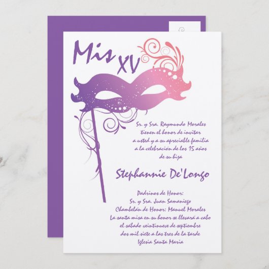 5x7 Masquerade Quinceanera Birthday Uitnodiging (Voorkant / Achterkant)