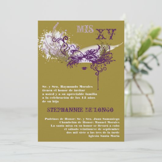 5x7 Masquerade Quinceanera Birthday Uitnodiging (Staand voorkant)