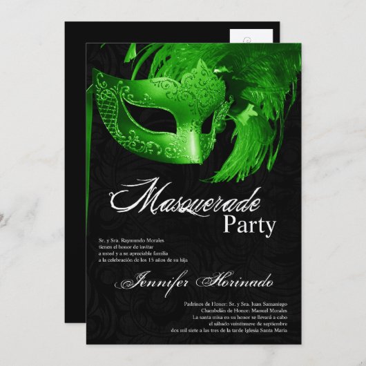 5x7 Masquerade Quinceanera Birthday Uitnodiging (Voorkant / Achterkant)