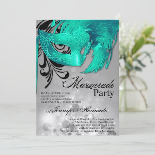 5x7 Masquerade Quinceanera Birthday Uitnodiging (Staand voorkant)