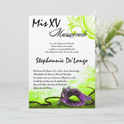 5x7 Masquerade Quinceanera Birthday Uitnodiging (Staand voorkant)