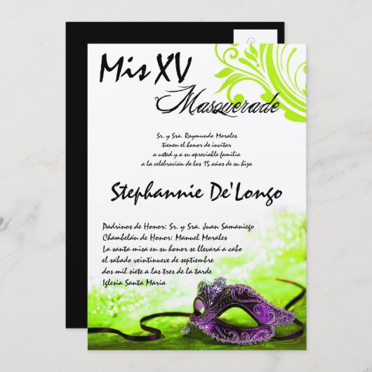 5x7 Masquerade Quinceanera Birthday Uitnodiging (Voorkant / Achterkant)