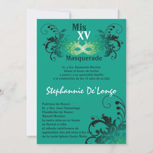 5x7 Masquerade Quinceanera Birthday Uitnodiging (Voorkant)