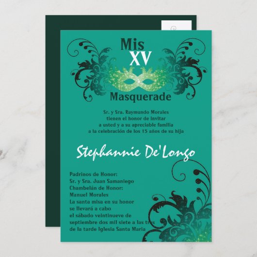 5x7 Masquerade Quinceanera Birthday Uitnodiging (Voorkant / Achterkant)