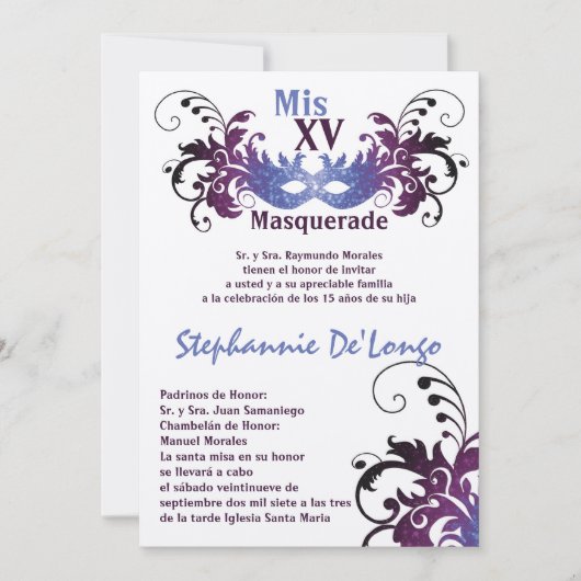5x7 Masquerade Quinceanera Birthday Uitnodiging (Voorkant)