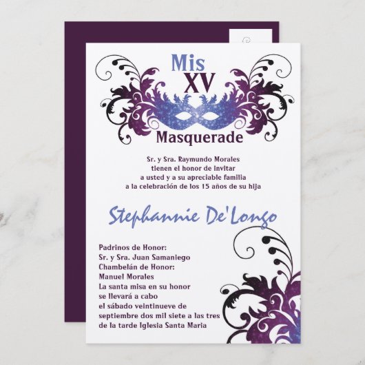 5x7 Masquerade Quinceanera Birthday Uitnodiging (Voorkant / Achterkant)