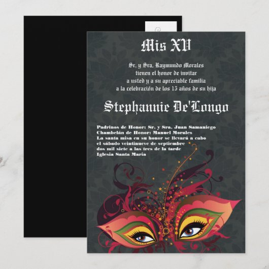 5x7 Masquerade Quinceanera Birthday Uitnodiging (Voorkant / Achterkant)