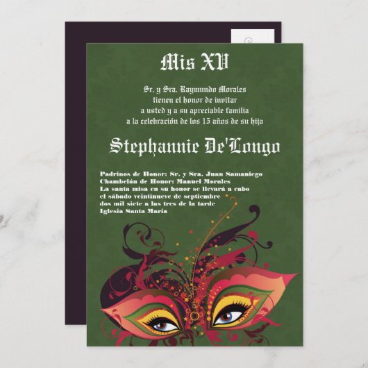 5x7 Masquerade Quinceanera Birthday Uitnodiging (Voorkant / Achterkant)