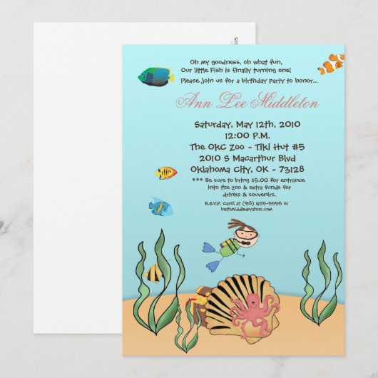 5x7 meisje onder de uitnodiging van de Birthday Ze (Voorkant / Achterkant)