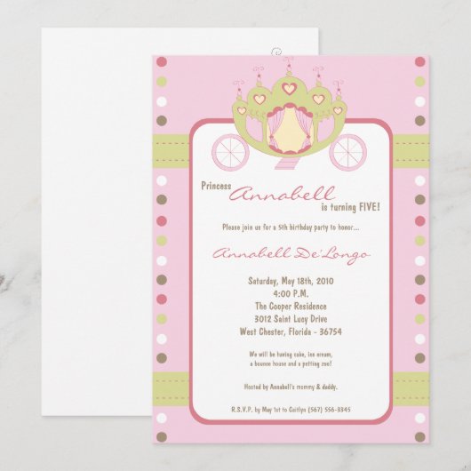 5x7 Meisje Prinses Koets Verjaardag Uitnodiging (Voorkant / Achterkant)