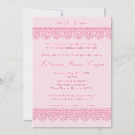 5x7 Meisje Roze Kant Trim Verjaardag Party Uitnodi Kaart (Voorkant)