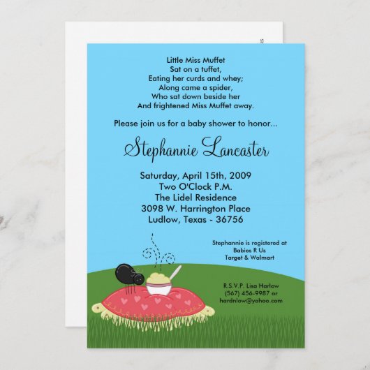 5x7 Miss Muffet Nursery Baby shower Uitnodiging (Voorkant / Achterkant)