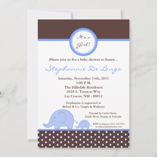 5x7 Mod Blue Boy Elephant Baby shower Invitation Kaart (Voorkant)