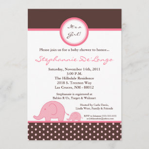 5x7 Mod Pink Girly Elephant Baby shower Invitation Kaart