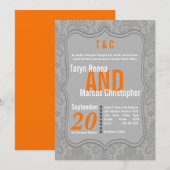 5x7 Modern Grey Damask Oranje Wedding Invitation Kaart (Voorkant / Achterkant)