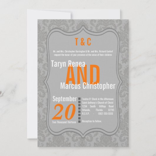 5x7 Modern Grey Damask Oranje Wedding Invitation Kaart (Voorkant)