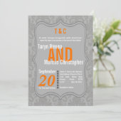 5x7 Modern Grey Damask Oranje Wedding Invitation Kaart (Staand voorkant)
