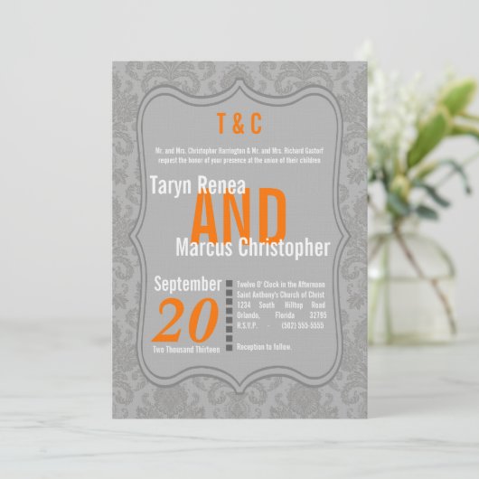 5x7 Modern Grey Damask Oranje Wedding Invitation Kaart (Staand voorkant)