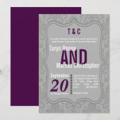 5x7 Modern Grey Damask Paarse Wedding Uitnodiging (Voorkant / Achterkant)