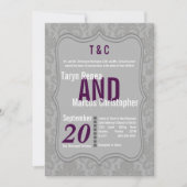 5x7 Modern Grey Damask Paarse Wedding Uitnodiging (Voorkant)