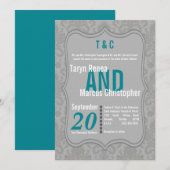 5x7 Modern Grijs Damask Blauwgroen bruiloft uitnod Kaart (Voorkant / Achterkant)