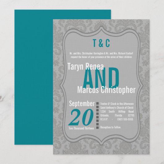 5x7 Modern Grijs Damask Blauwgroen bruiloft uitnod Kaart (Voorkant / Achterkant)