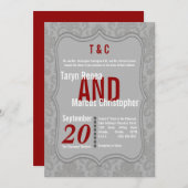 5x7 Modern Grijs Damask Rood bruiloft uitnodiging (Voorkant / Achterkant)