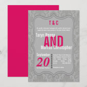 5x7 Modern Grijs Hot Pink Damask Wedding Invitatio Kaart (Voorkant / Achterkant)