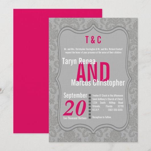 5x7 Modern Grijs Hot Pink Damask Wedding Invitatio Kaart (Voorkant / Achterkant)