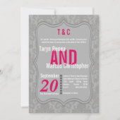 5x7 Modern Grijs Hot Pink Damask Wedding Invitatio Kaart (Voorkant)