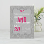 5x7 Modern Grijs Hot Pink Damask Wedding Invitatio Kaart (Staand voorkant)