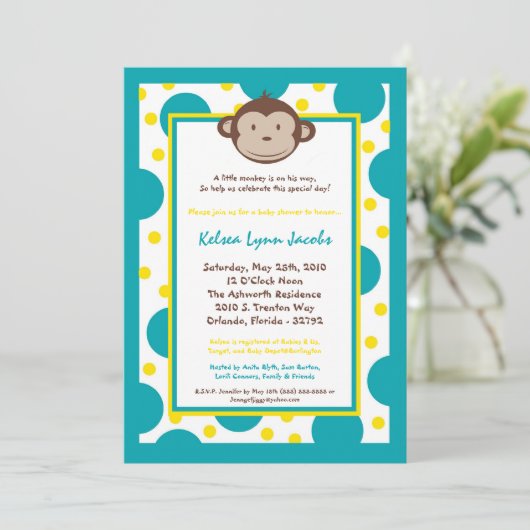 5x7 Modern Mod Monkey Baby shower Uitnodiging (Staand voorkant)