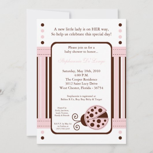 5x7 Modern Mod Roze Lady Bug Baby shower Uitnodigi Kaart (Voorkant)