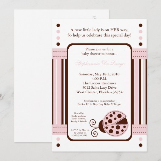 5x7 Modern Mod Roze Lady Bug Baby shower Uitnodigi Kaart (Voorkant / Achterkant)