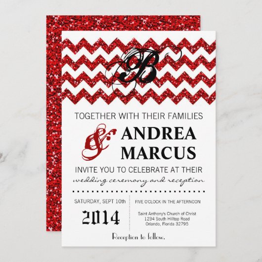 5x7 Modern Red Glitter Chevron Weddenschap Kaart (Voorkant / Achterkant)