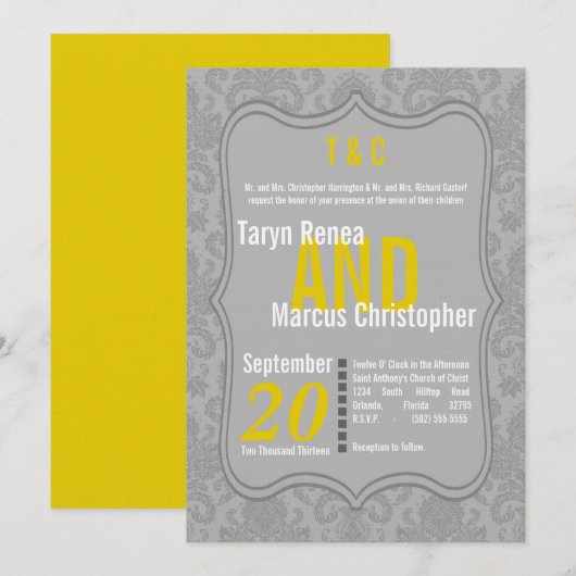 5x7 Moderne Grijze Damask Gele bruiloft Uitnodigin Kaart (Voorkant / Achterkant)
