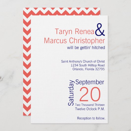 5x7 moderne koraal marine blauw chef bruiloft uitn kaart (Voorkant / Achterkant)