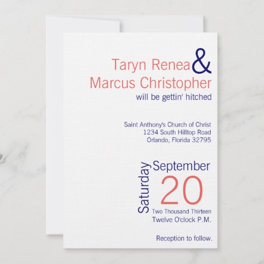 5x7 moderne koraal marine blauw chef bruiloft uitn kaart (Voorkant)