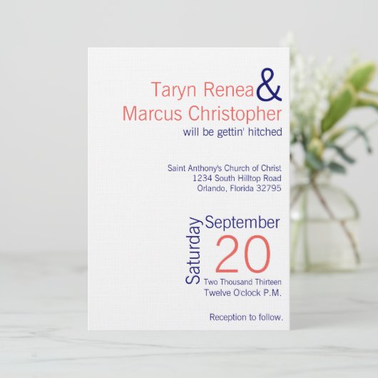 5x7 moderne koraal marine blauw chef bruiloft uitn kaart (Staand voorkant)