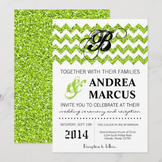 5x7 Moderne Limoen Glitter Chevron huwelijksuitnod Kaart (Voorkant / Achterkant)