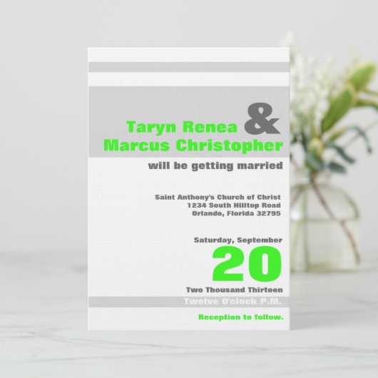 5x7 Moderne Neon Groene Streep Bruiloft Uitnodigin Kaart (Staand voorkant)