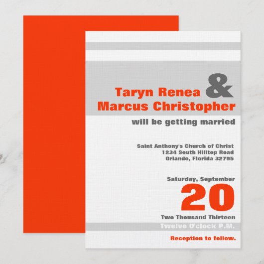 5x7 Moderne Neon Sinaasappel Streep Bruiloft Uitno Kaart (Voorkant / Achterkant)