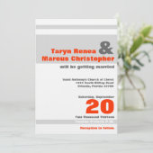 5x7 Moderne Neon Sinaasappel Streep Bruiloft Uitno Kaart (Staand voorkant)