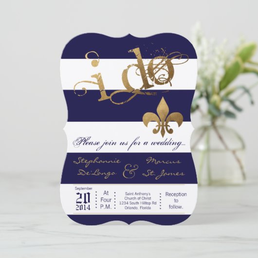 5x7 moderne streep Fleur de Leis bruiloft uitnodig Kaart (Staand voorkant)